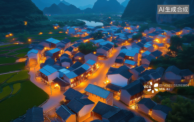 【AI数字艺术】静谧山村的灯火人家图片素材