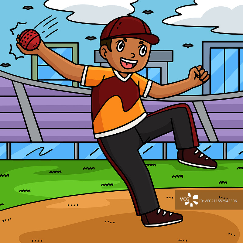 彩色卡通中的板球场外员接球图片素材