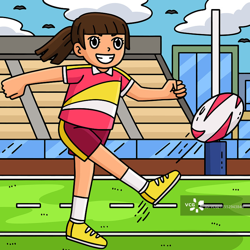 女性橄榄球运动员踢球的彩色卡通图像图片素材