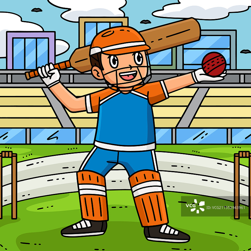 彩色卡通的板球运动员手持球和球棒图片素材