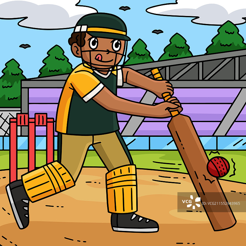 彩色卡通的板球运动员击球图片素材