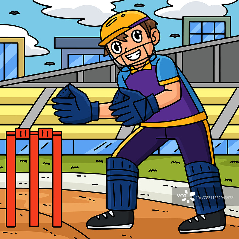 蹲着的彩色卡通板球守门员图片素材