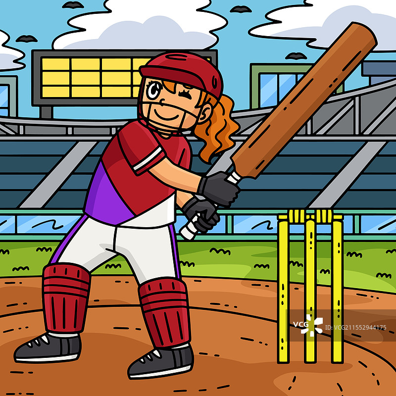 准备击球的彩色卡通女板球运动员图片素材