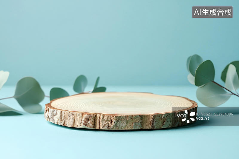 【AI数字艺术】木质圆盘展示台与尤加利叶图片素材