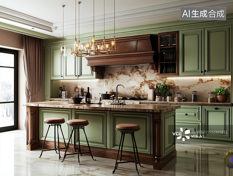 【AI数字艺术】豪华绿色复古厨房图片素材
