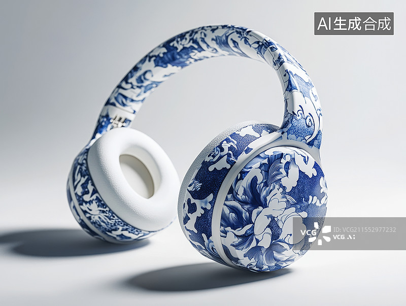 【AI数字艺术】青花瓷图案耳机图片素材