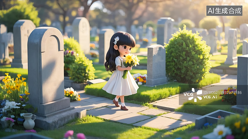 【AI数字艺术】清明节女生在墓园扫墓插画图片素材