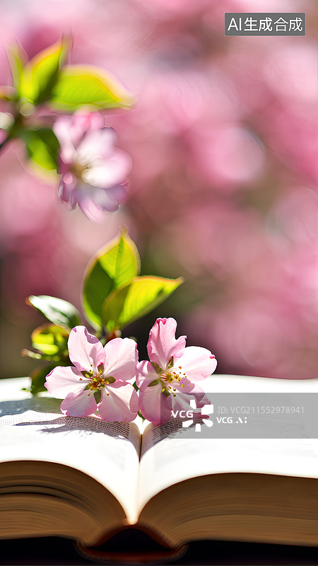 【AI数字艺术】摊开的书本上落了几朵海棠花图片素材