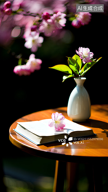【AI数字艺术】海棠花下，摊开的书本上落了几朵海棠花，旁边一个白瓷花瓶图片素材