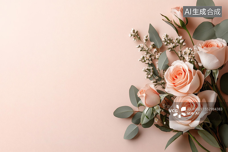 【AI数字艺术】粉玫瑰与绿叶装点的温柔角落图片素材