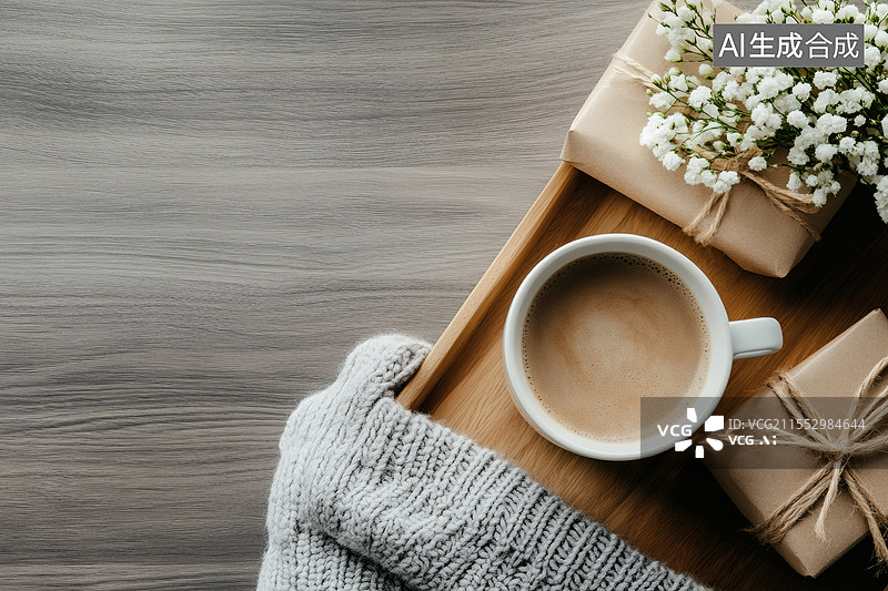 【AI数字艺术】咖啡礼物花束共织温馨时光图片素材