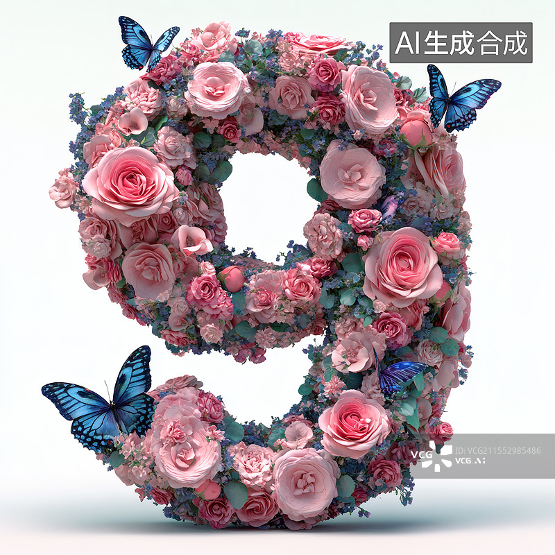 【AI数字艺术】繁花簇拥数字9蝴蝶翩跹图片素材