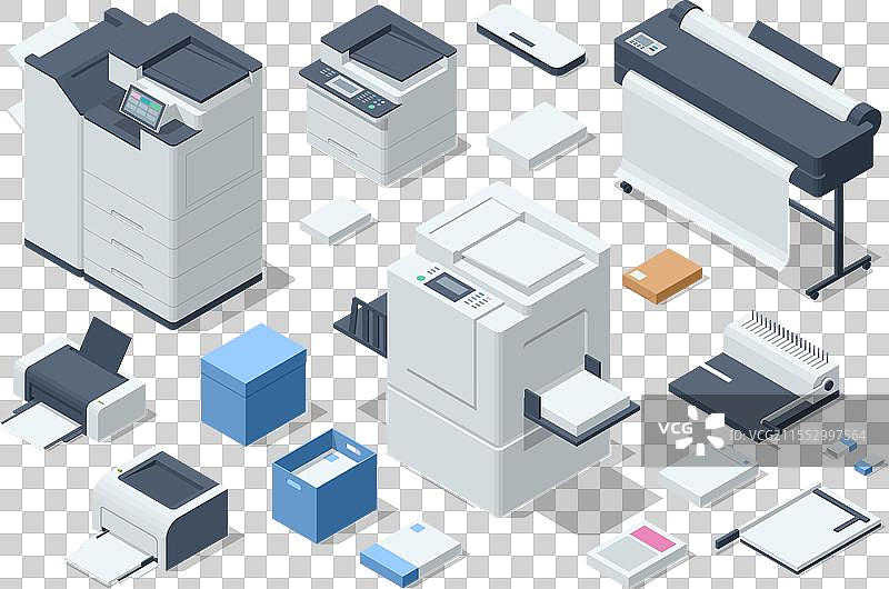 等轴测图的绘图机、覆膜机和装订机组合图片素材