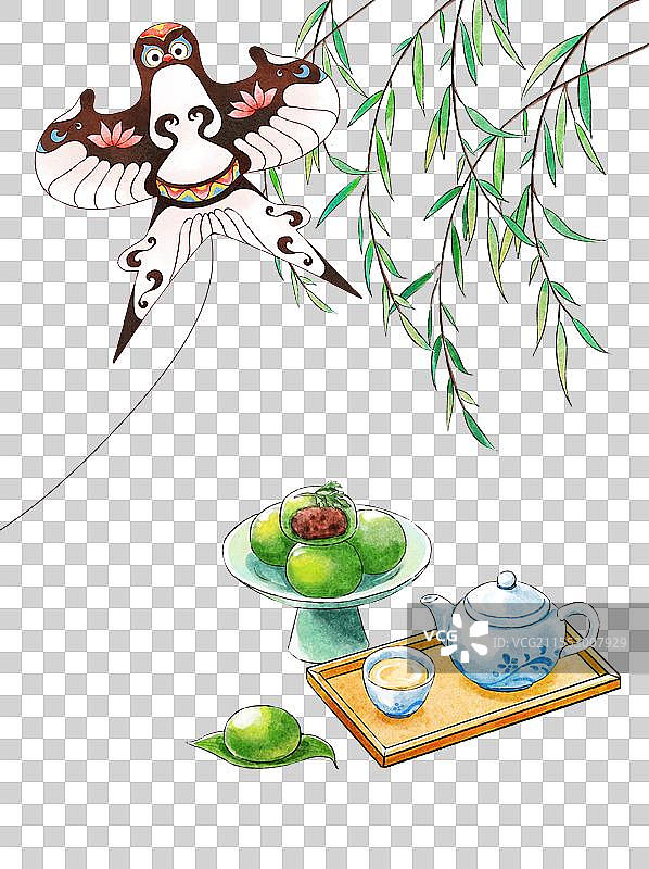 柳条下的青团和纸鸢清明节插画元素图片素材