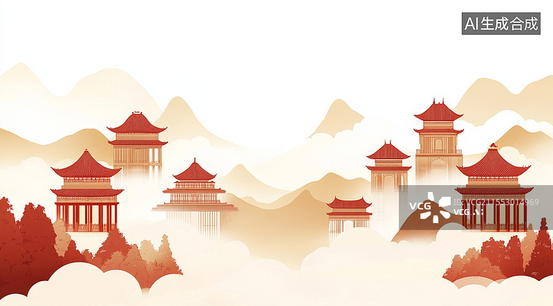 【AI数字艺术】中式红色山水亭台楼阁图片素材