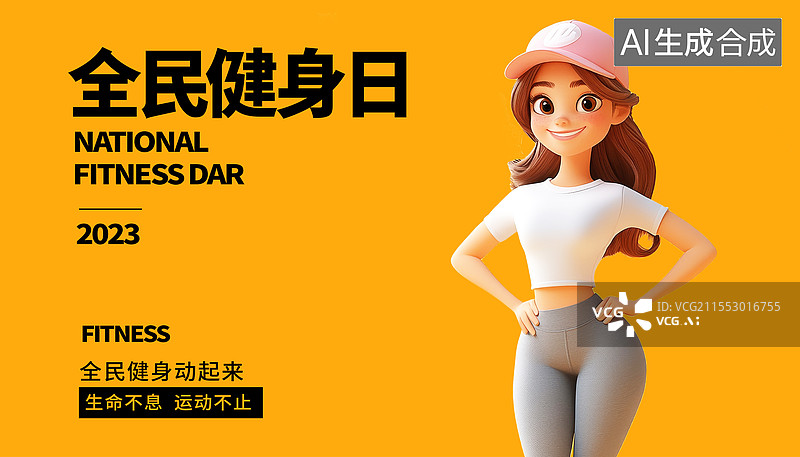【AI数字艺术】全民健身日健生运动3D人物插画海报模板图片素材