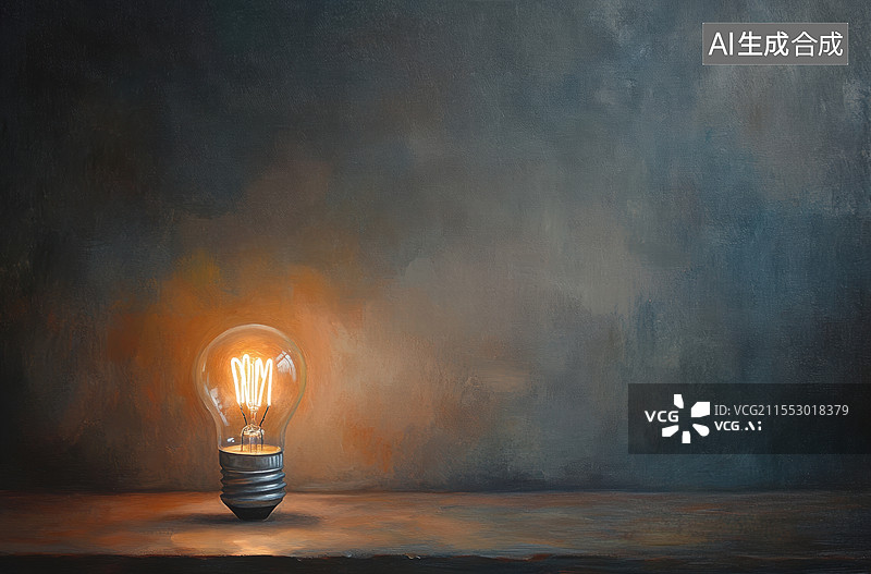 【AI数字艺术】一个经典的场景，一个发光的灯泡和一支点燃的蜡烛并排放置在黑暗的背景中。图片素材