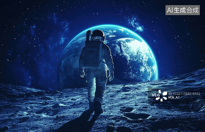 【AI数字艺术】一名宇航员在月球表面行走的场景。背景是地球，显得非常壮观和美丽。图片素材