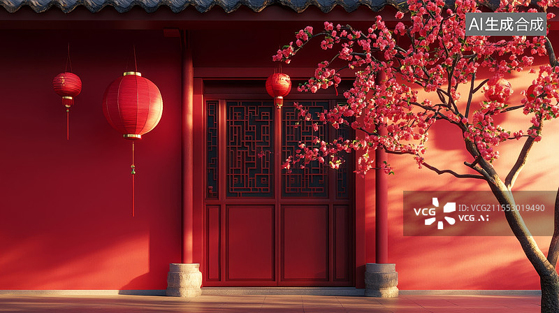 【AI数字艺术】中式红色建筑灯笼背景图片素材