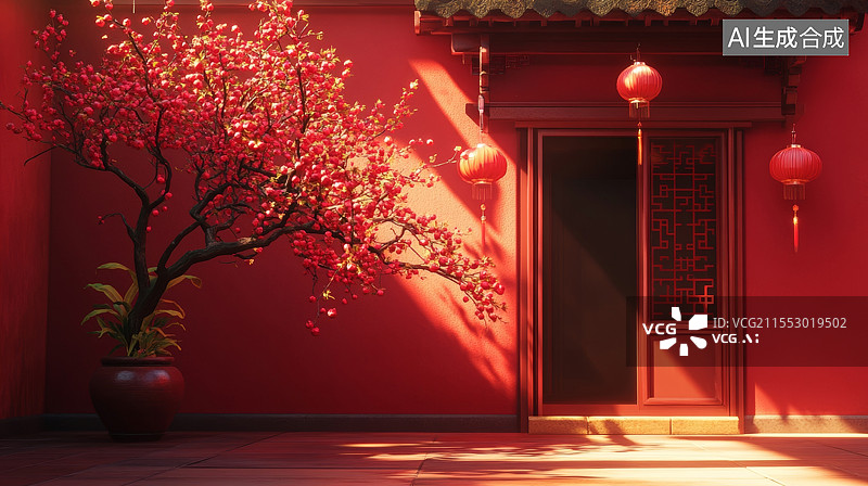 【AI数字艺术】中式红色建筑灯笼背景图片素材