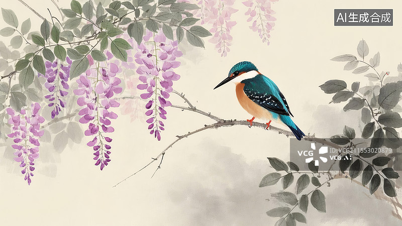 【AI数字艺术】紫藤萝花和翠绿色鸟图片素材