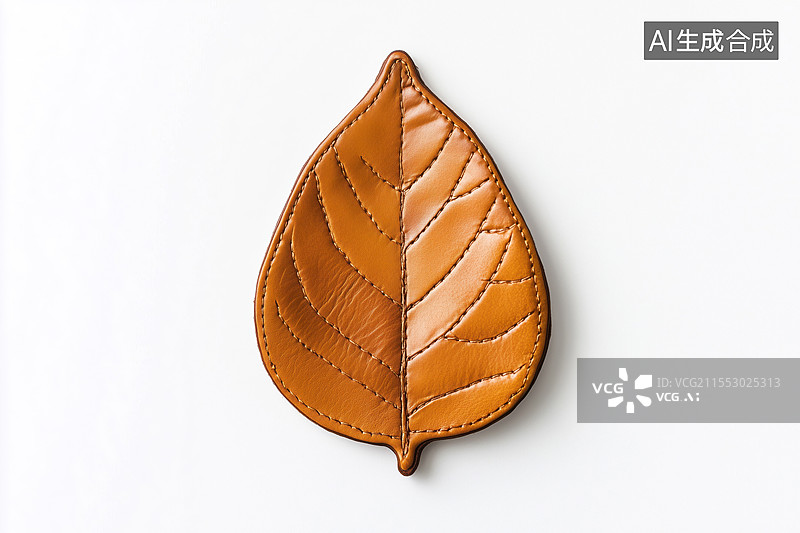 【AI数字艺术】白背景牛皮材料裁剪缝制的黄色树叶扁平极简图案图片素材