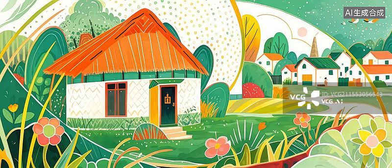 【AI数字艺术】孟母三迁教育典故插画，茅屋村庄环境选择诠释育儿智慧图片素材