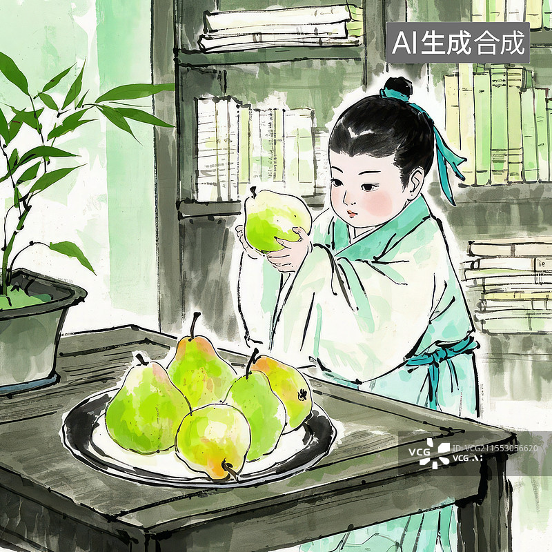 【AI数字艺术】孔融让梨历史典故插画，书房竹简梨子摆放诠释谦让精神图片素材