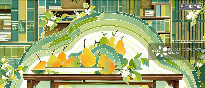 【AI数字艺术】孔融让梨历史典故插画，书房竹简梨子摆放诠释谦让精神图片素材