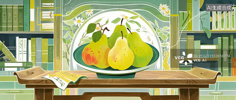 【AI数字艺术】孔融让梨历史典故插画，书房竹简梨子摆放诠释谦让精神图片素材