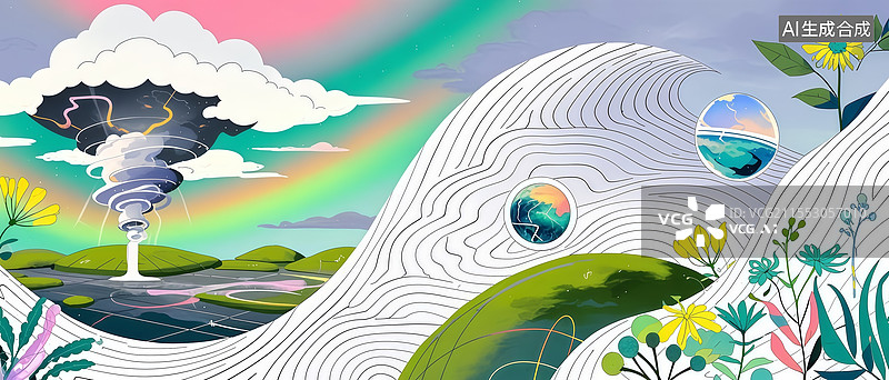 【AI数字艺术】气候控制中枢扁平插画，气象球体调控极光渐变风暴灰，液态氮龙卷风转化闪电能源图片素材