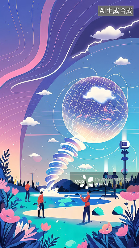 【AI数字艺术】气候控制中枢扁平插画，气象球体调控极光渐变风暴灰，液态氮龙卷风转化闪电能源图片素材