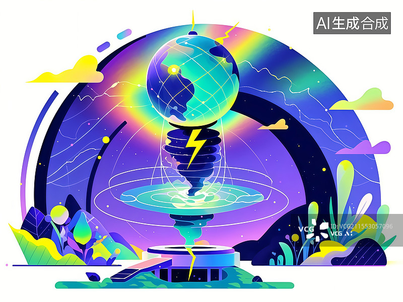 【AI数字艺术】气候控制中枢扁平插画，气象球体调控极光渐变风暴灰，液态氮龙卷风转化闪电能源图片素材