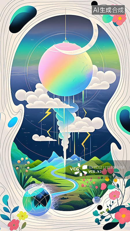 【AI数字艺术】气候控制中枢扁平插画，气象球体调控极光渐变风暴灰，液态氮龙卷风转化闪电能源图片素材