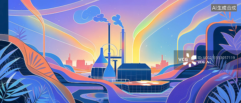 【AI数字艺术】合成大气工厂扁平插画，气体塔喷射彩色气旋，过滤网转化微粒为发光粉尘图片素材