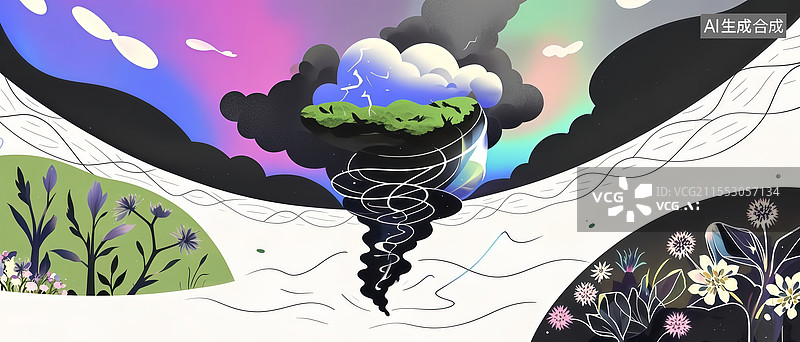 【AI数字艺术】气候控制中枢扁平插画，气象球体调控极光渐变风暴灰，液态氮龙卷风转化闪电能源图片素材
