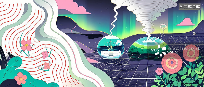 【AI数字艺术】气候控制中枢扁平插画，气象球体调控极光渐变风暴灰，液态氮龙卷风转化闪电能源图片素材