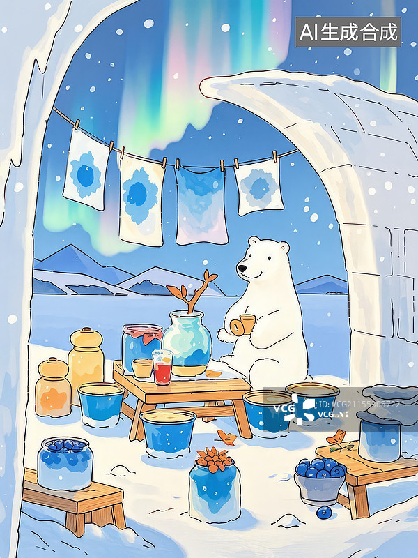 【AI数字艺术】极地茶染坊蜡笔风手绘插画，北极熊染制蓝莓丝巾，冰屋薄纱映极光纹路图片素材
