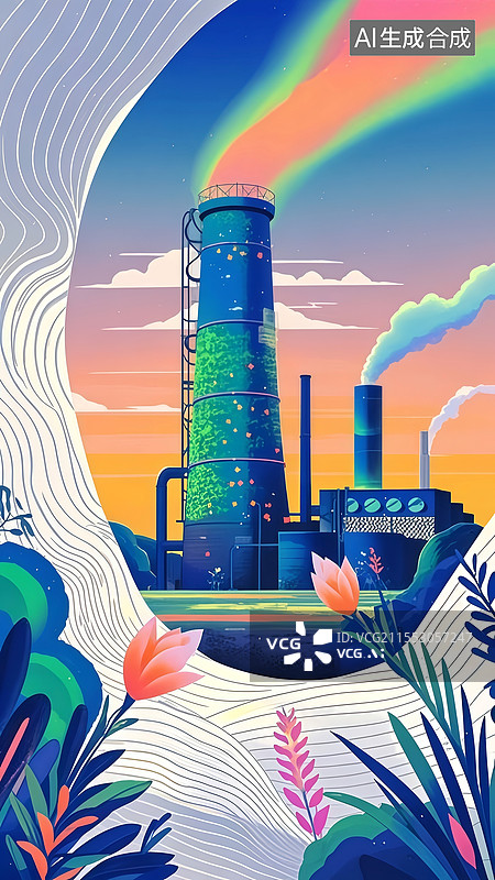 【AI数字艺术】合成大气工厂扁平插画，气体塔喷射彩色气旋，过滤网转化微粒为发光粉尘图片素材