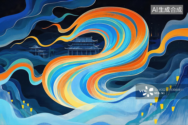 【AI数字艺术】幻彩流韵中的孤亭山峦插画图片素材