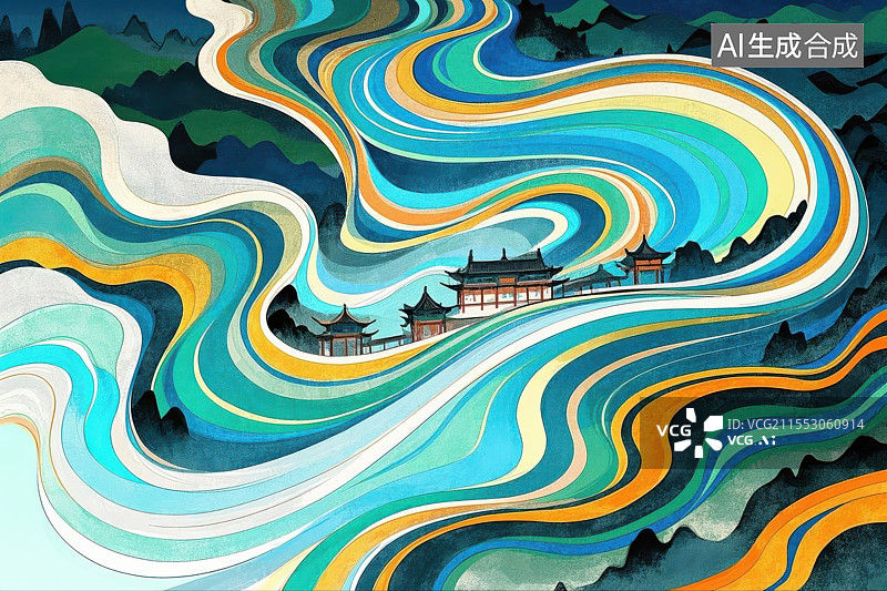 【AI数字艺术】幻彩流韵中的孤亭山峦插画图片素材