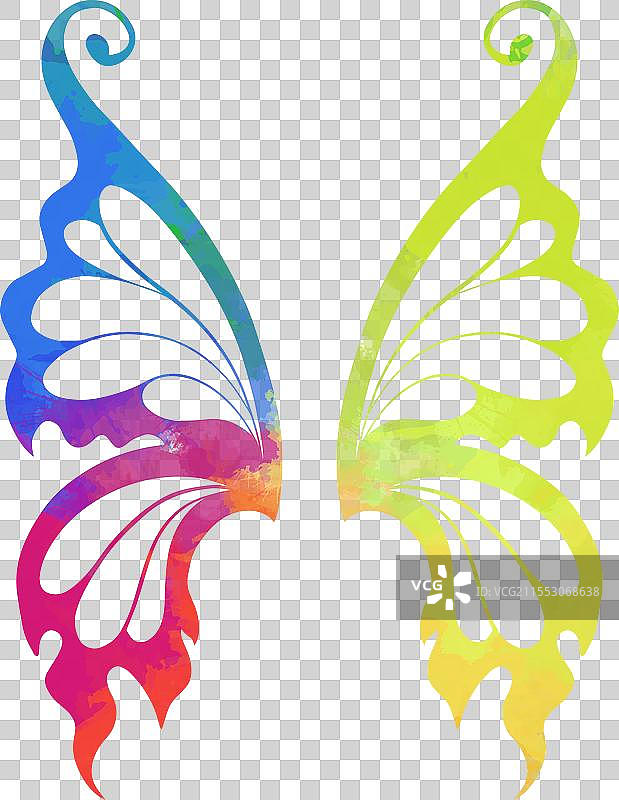 彩虹下的蝴蝶翅膀剪影图片素材