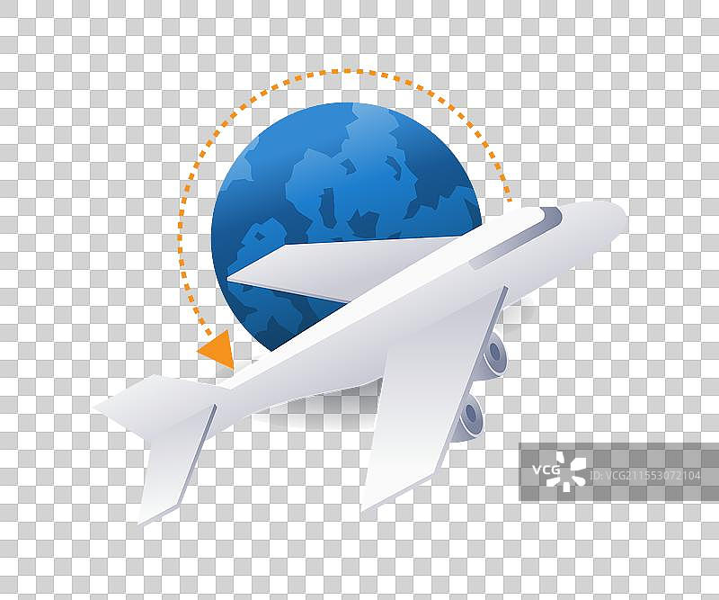 飞机在地球周围飞行，平面等距三维图形图片素材