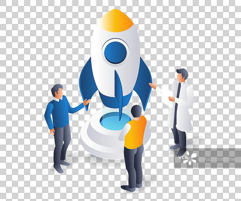 团队正在发射火箭，平面等距3D设计图片素材