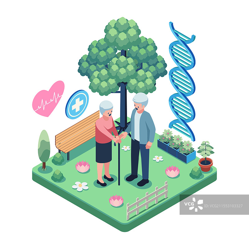 等距图中的活跃老年人，象征长寿图片素材