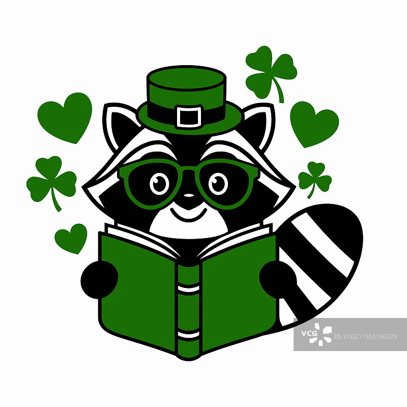 圣帕特里克节的浣熊，手里拿着书和三叶草图片素材