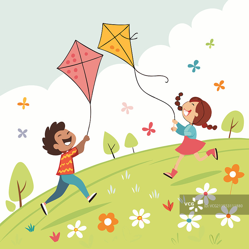 孩子们在盛开的草地上放风筝图片素材