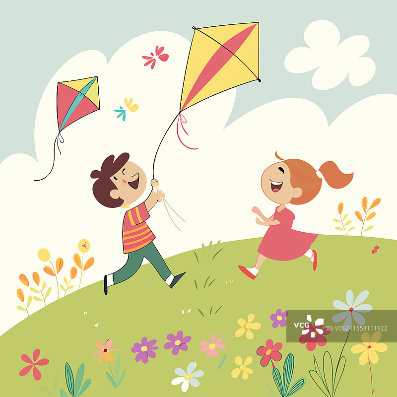 孩子们在盛开的草地上放风筝图片素材