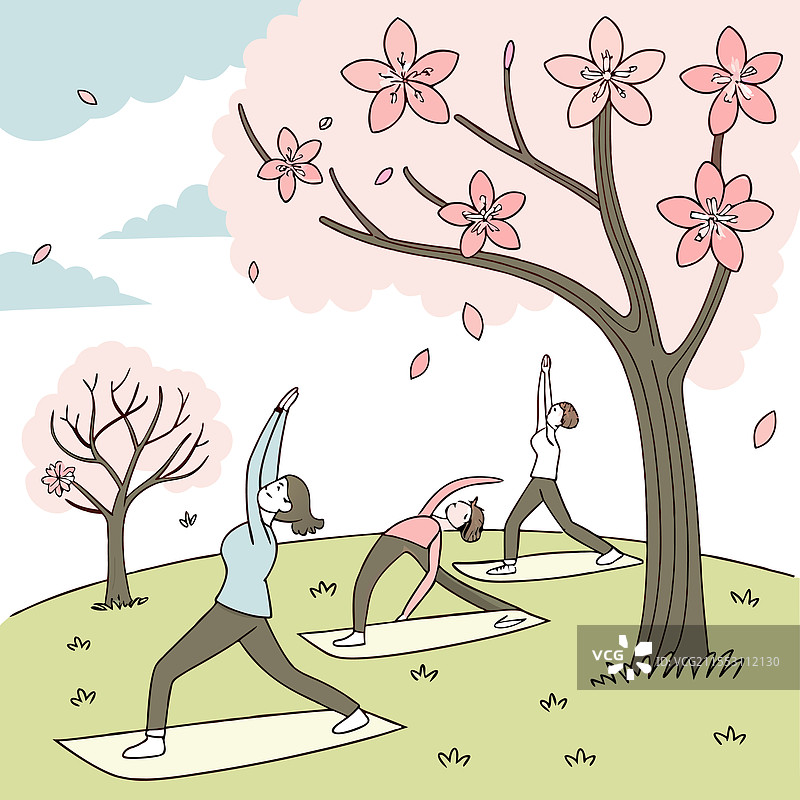 樱花树下的户外瑜伽图片素材