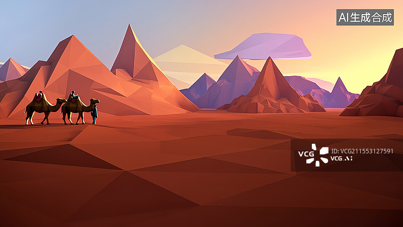 【AI数字艺术】丝绸之路几何文旅宣传视觉 - 橙紫雅丹低多边形宽屏素材图片素材